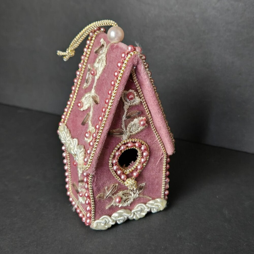 Velvet Beaded Birdhouse Ornament Pink Embroidered Christmas Decoration Elegant